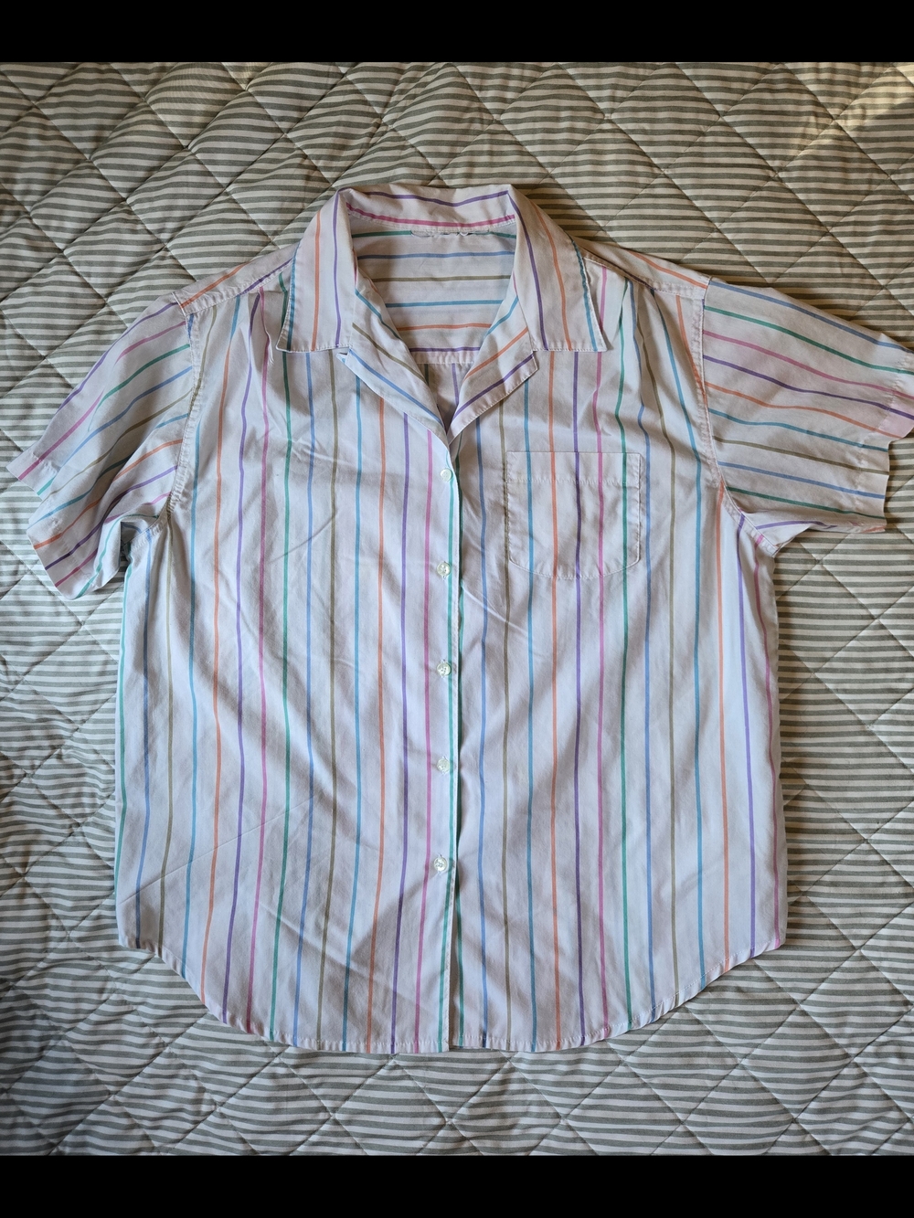 Vintage Men's Short-Sleeve Button-Down Shirt -Vibrant Pastel Stripes